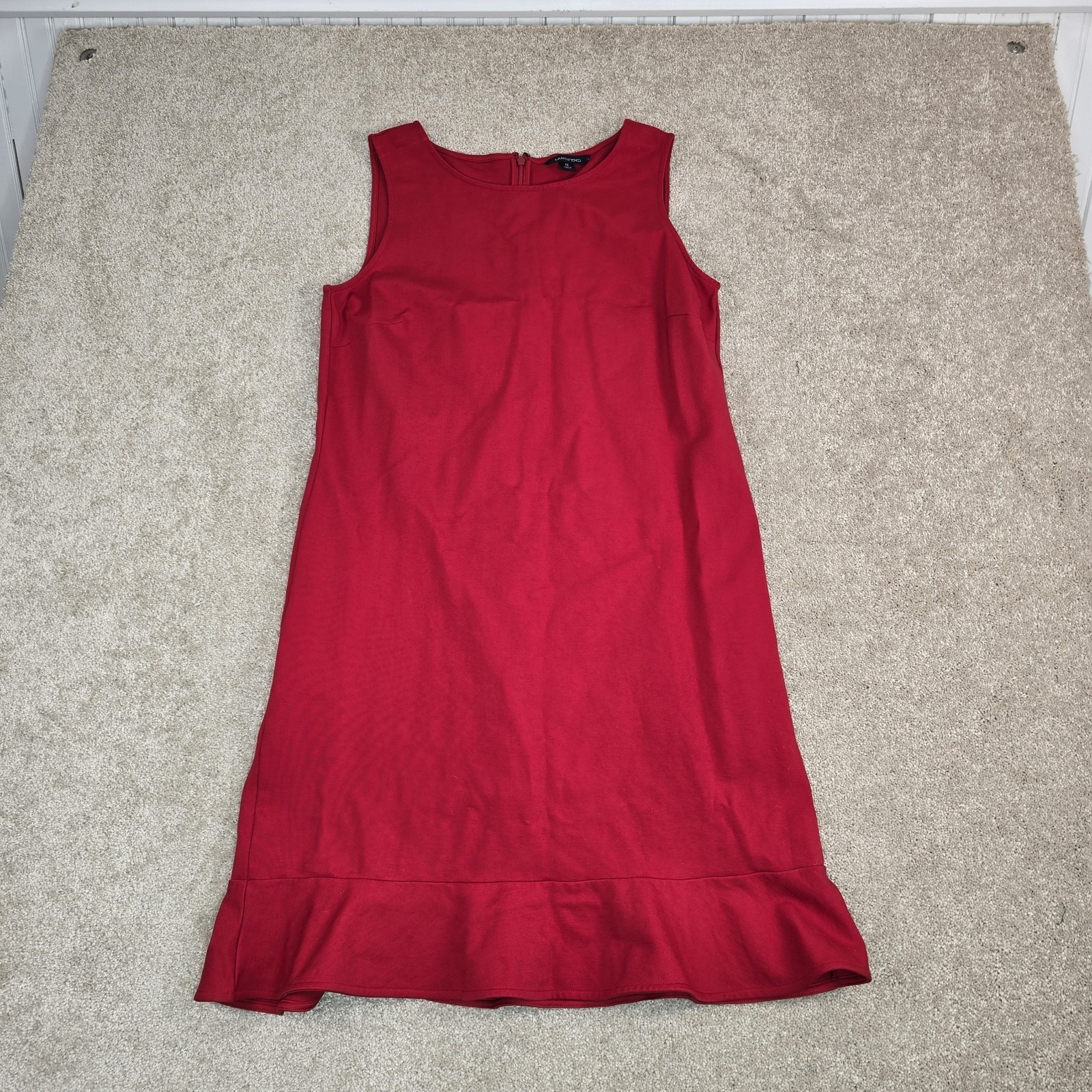 Lands End Red Ponte Knit Flutter Hem Sleeveless Shift Dress Size 12 Office